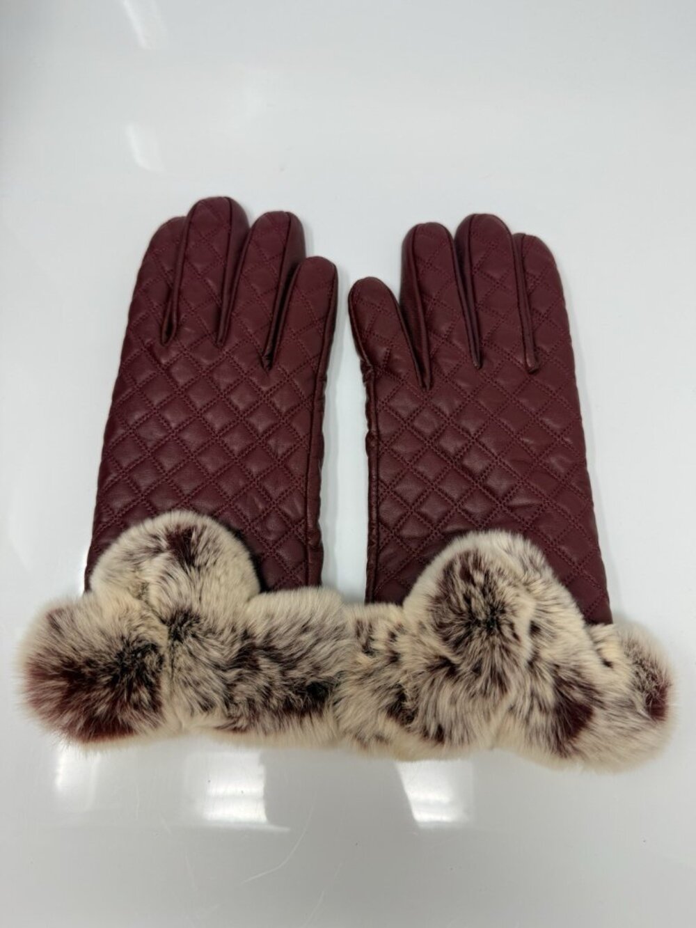 Candor & Class XL Leather Gloves Cashmere Lined Rabbit Fur Cuff Red Quilted Soft